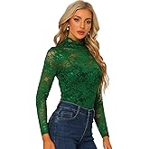 Allegra K Women's Lace Floral Embroidery Mock Turtle Neck Long Sleeve Party Slim Fit Sexy Sheer Mesh Top
