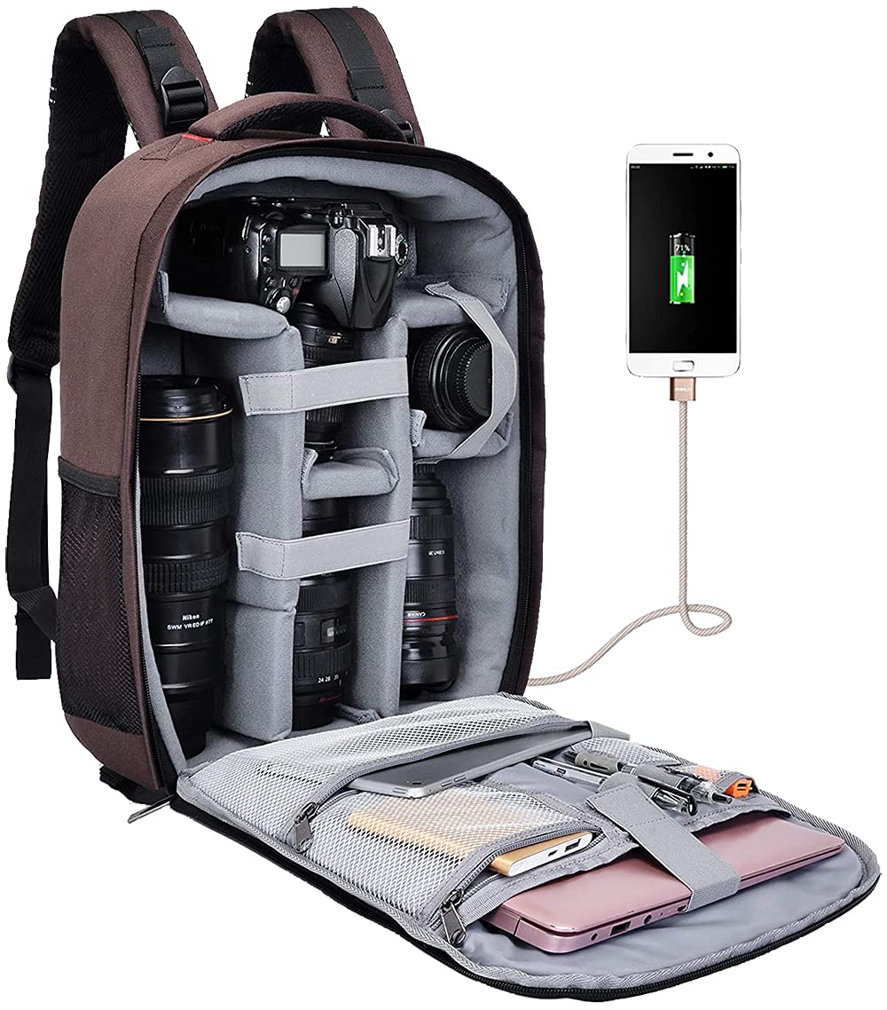 Cwatcun Camera Backpack with Rain Cover, Tripod Holder, USB Port, 15.6
