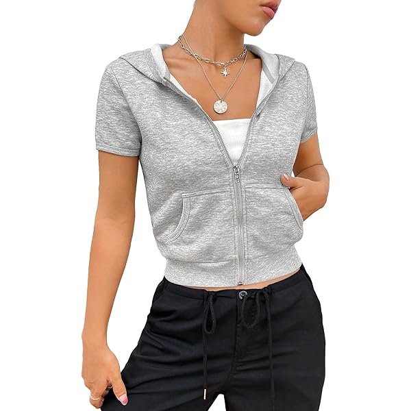 Verdusa Women's Zip Up Short Sleeve Hooded Crop Sweatshirt