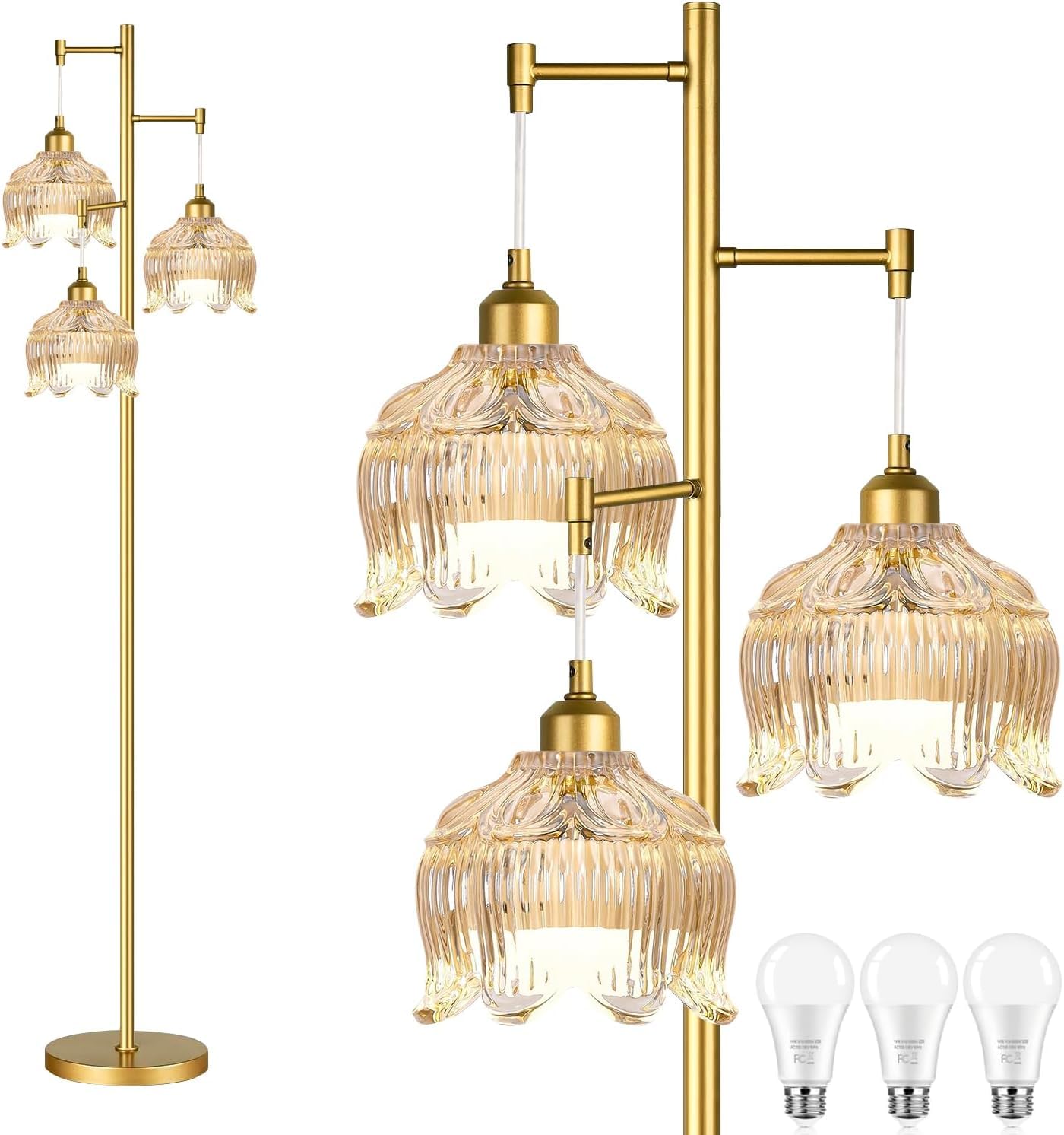 Photo 1 of ILLMTW Gold Floor Lamp for Living Room,Bedroom,Mid Century Modern Standing Lamp Brass Tree 3 Light Tall Floor Lamps Vintage Retro Floor Lights Glass Amber Flower Lamp Shade Farmhouse Boho Bohemian