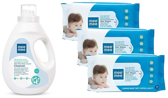 Mee Mee Baby Liquid Cleanser for Fruits, Bottles, Accessories and Toys, White, 1.5L & Caring Baby Wet Wipes with Lemon Fragrance (72 pcs/Pack) (Pack of 3) Combo
