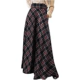 Womens Vintage Plaid Maxi Skirt High Waisted Trendy Fall Casual A-Line Pleated Tartan Full Length Long Skirts Ladies