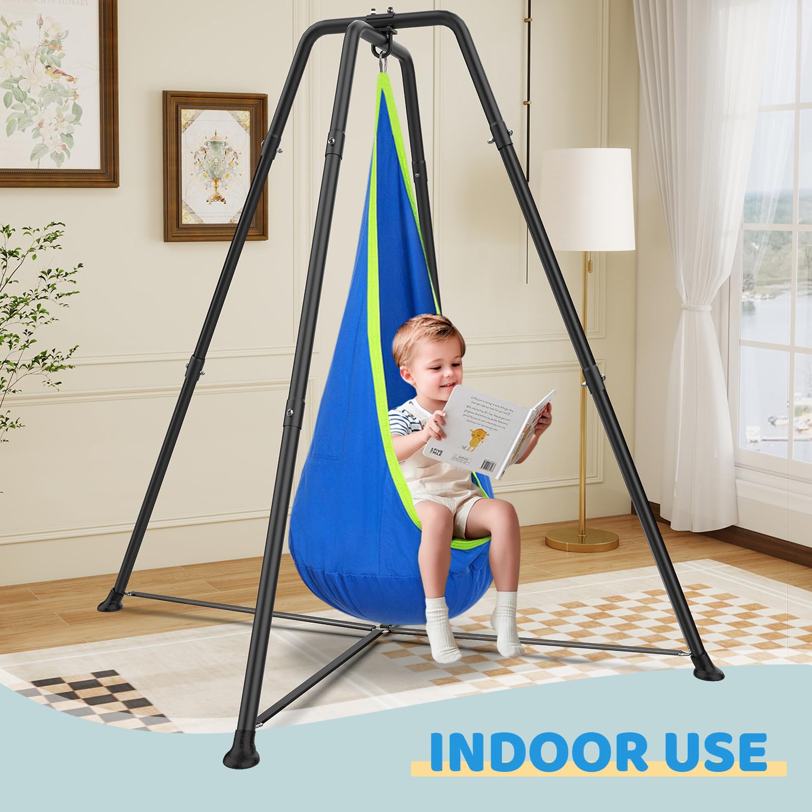 Swing Stand Frame with Sensory Pod Swings and Chair, Sensory Swing Set, X-Shaped Swing Frame, Heavy-Duty Metal Hammock Chair Stand for for Kids and Adults Indoor and Outdoor 330LBS(Blue)