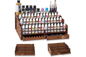 OPHIR Paint Storage, Wooden Paint Organizer with 98 Holes, for Miniature Paints Set Storage, Includes Painting Brush Holder with 24 Slots, 1 Drawer, 25 Paintbrush Holes