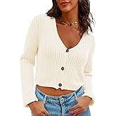 Saodimallsu Womens Cropped V Neck Cardigan Sweaters Long Sleeve Button Down Chunky Ribbed Knit Loose Crop Sweater Tops