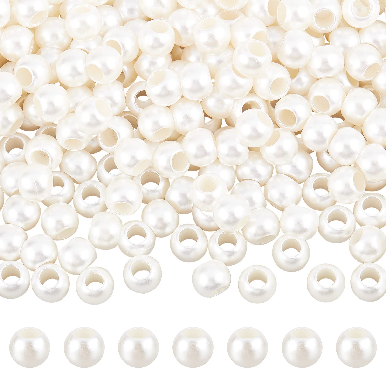 NBEADS 300 Pcs White ABS Faux Pearl Beads, Creamy White Big Hole Plastic Imitation Pearl Round Faux Pearls Loose Rondelle Spacer European Beads for DIY Dreamcatcher Jewelry Making, Hole: 5.8 mm