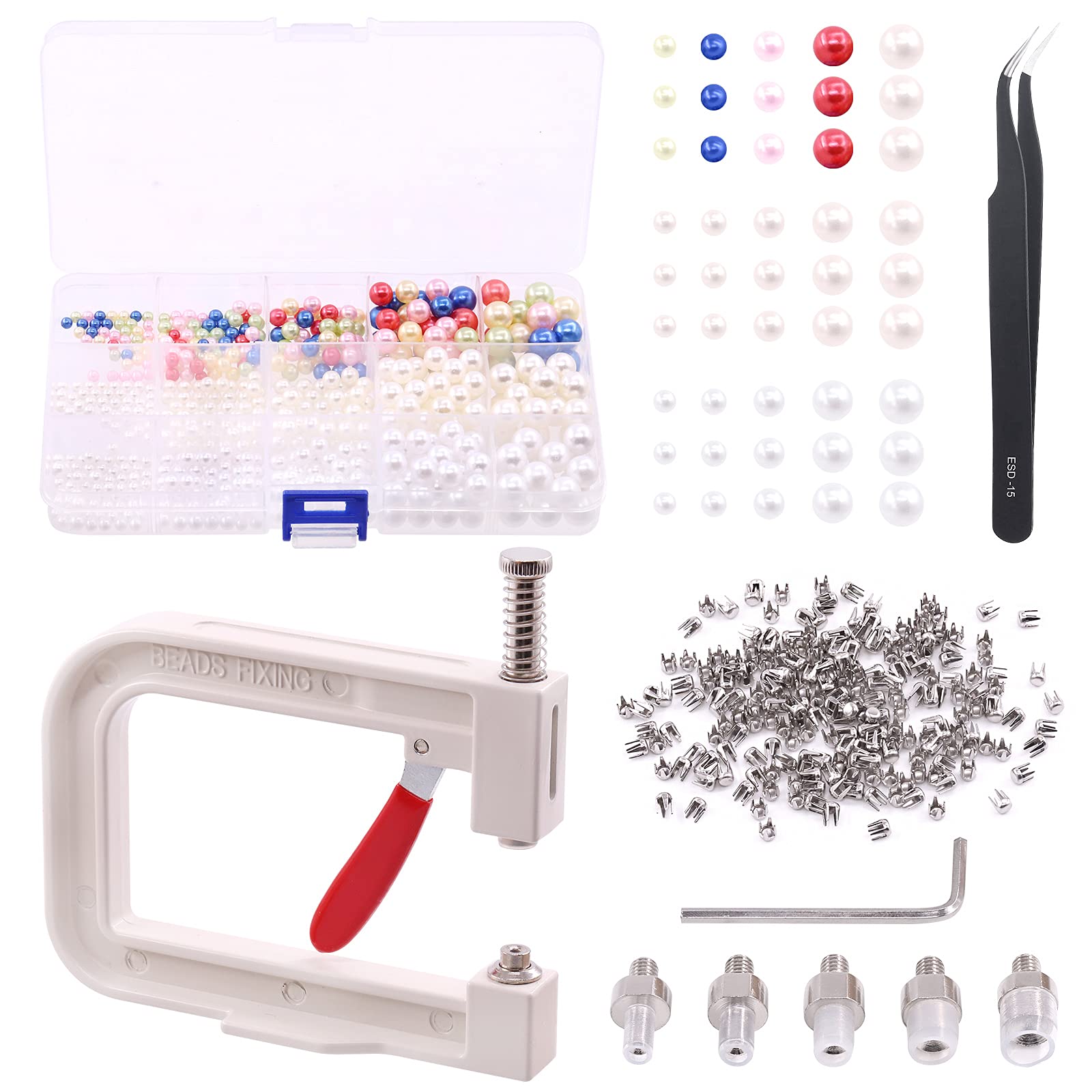 Tanstic 1332Pcs Pearl Setting Machine with Pear Set, 1330Pcs Different Sizes and Colors Pearls and Nails with Hand Press Pearl Setting Tool and Tweezers for Clothes, Handbags, Jewelry, Leather