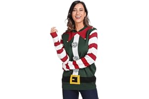 For G and PL Women Christmas Ugly Elf Sweater Striped Sleeve Cute Bells Tunics with Hood