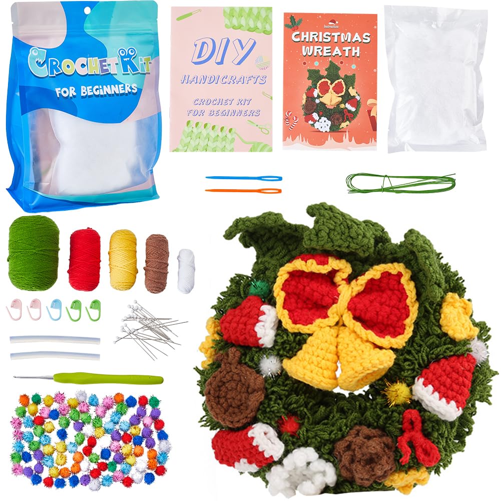 SUNNYCLUE Christmas Crocheting Kits Christmas Wreath Crochet Kit Knitting Beginner Kit Step-By-Step Video Tutorials Instruction Xmas Knitting Kits for Beginners Adults Women Holiday DIY Craft Gifts