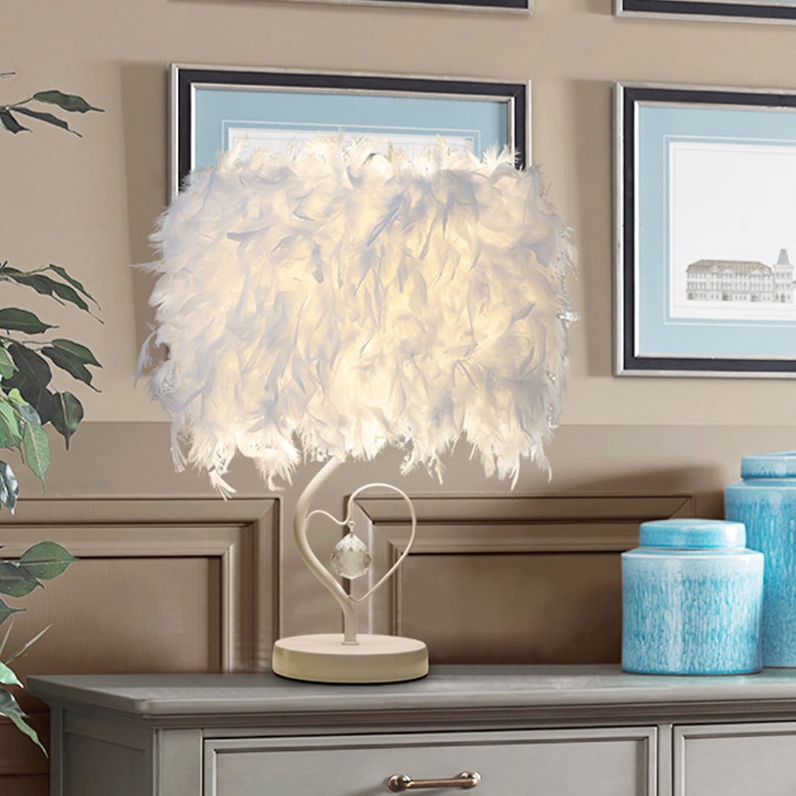 XDLUK Feather Table Lamp White Creative Modern Bedroom Bedside Lamp Crystal Ball Decorative Lighting for Princess Wedding Room Living Room
