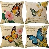 ULOVE LOVE YOURSELF Butterfly Pattern Throw Pillow Covers Vintage Style Home Decorative Cushion Cover Yellow&Pink Flowers Pillowcase 18”×18”,4Pack