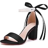 HKMFLYY Women's Open Toe Pearl Wedding Shoes for Bride High Heels Sandals Satin Bridal Block Chunky Heels Ankle Strap Prom Evening Party Pumps