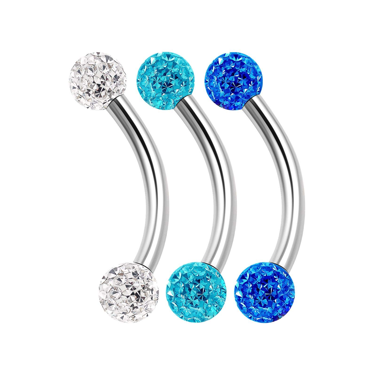 KJM FASHION 3 Pcs Surgical Steel Curved Barbell 16 Gauge 3mm Crystal Ball Cartilage Rook Earring Nose Piercing Jewelry Choose Sizes, Stainless Steel, 3 pieces 8mm Clr Aqm Sa