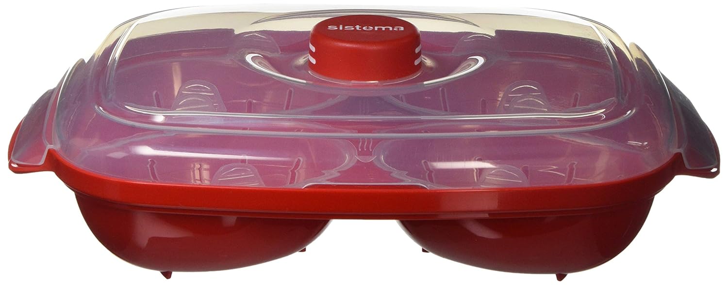 Sistema Apta para microondas escalfador de Huevos (para 4 Huevos, Rojo/Transparente