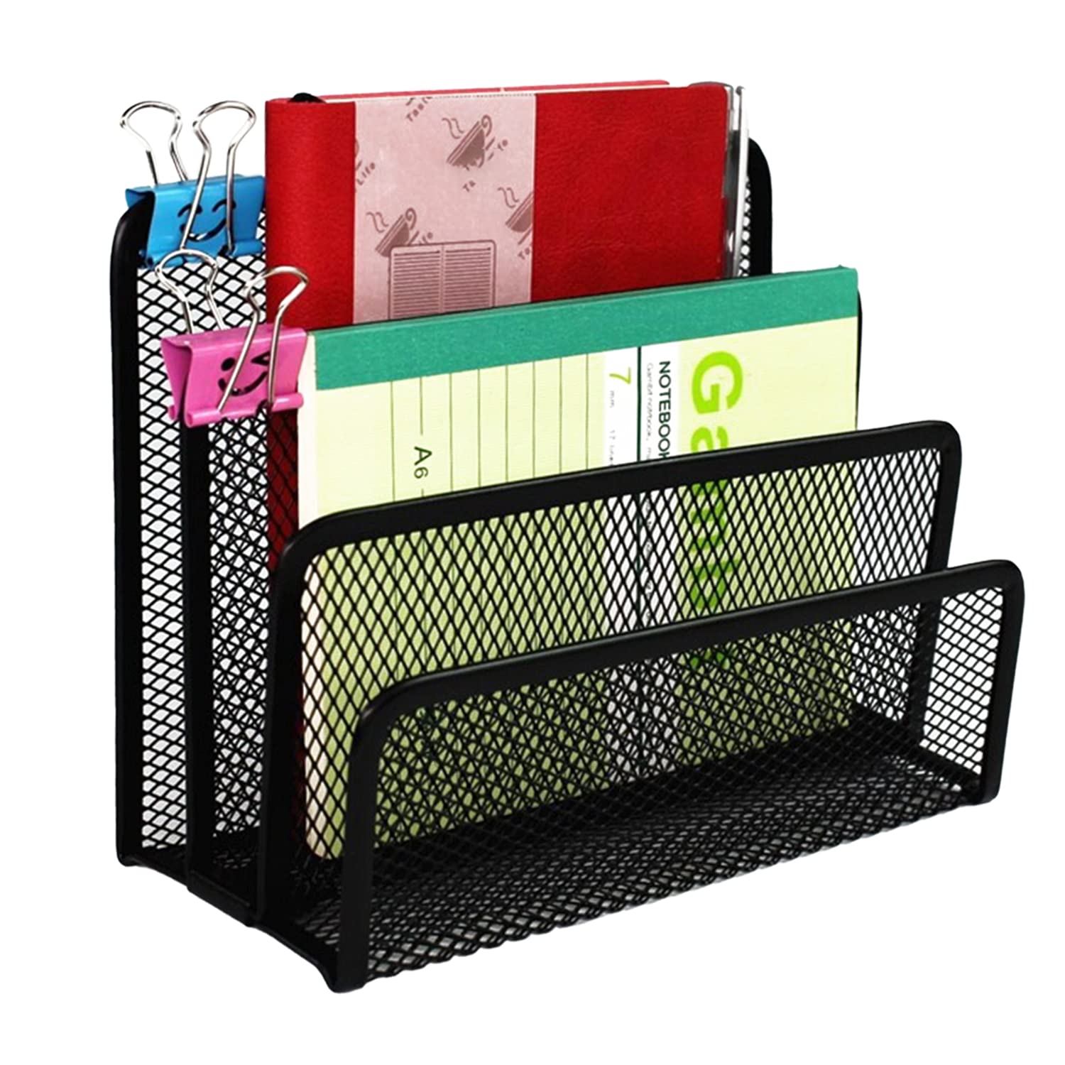 Faffooz Desk folder organiser, letter holder, metal black, catalogue collector, metal with 3 compartments, office supplies organiser, document tray, documents, newspapers