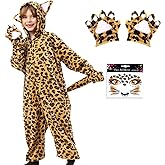 Ayrvocy Leopard Costume for Kids, Flannel Cheetah Onesie with Hood & Claw Gloves, Face Stickers, Cat Costume for Girls & Boys