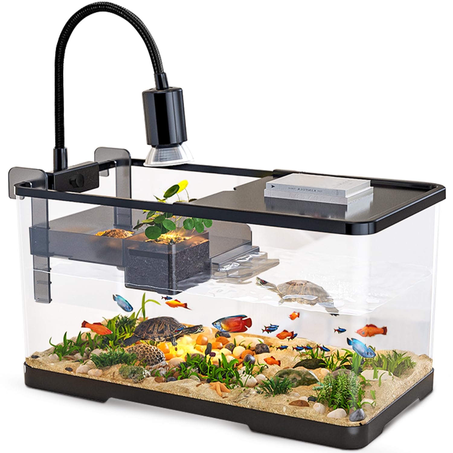 Photo 1 of (Tank + Light + Filter Balls) Turtle Tank Kit, Turtle Tank Starter Kit,Bottom Drainage, Multi-Function Areas for Turtles, Crabs,Fishes, Amphibians,Reptiles. (11.81 × 7.88 × 7.88 Inch)