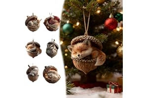 Animal Acorn Ornaments Set - 6pcs Acrylic Rustic Nature Decor with Creatures, Cozy Christmas Tree Hanging Decorations for Ani