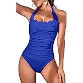 Eomenie Women One Piece Tummy Control Swimsuit Halter Scallop Trim Bathing Suits 1 Piece Vintage Ruched Slimming Swimwear