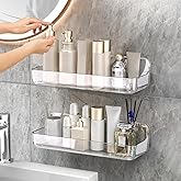 CGBE Adhesive Long Shower Caddy: Stick Hanging Acrylic Organizer Shelves - 2-Pack Modern Wall-Mounted Holder for Girls, Men & Kids - Bathroom Wall Bathtub