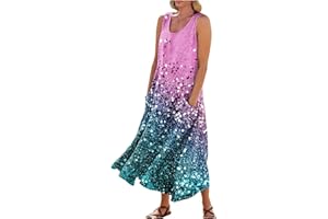 NDVYXX Summer Dresses for Women 2024 Sleeveless Crew Neck Loose Maxi Dress Plus Size Printed Beach Dress with Pockets