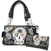 Texas West Women's Embroidered Metal Skull Purse Handbag and Wallet set in 7 colors