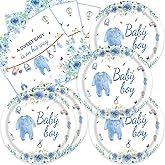 40Pcs Baby Boy Shower Decorations Blue and White Floral Plates and Napkins Set Party Supplies Serve 20 Gender Reveal Decorations