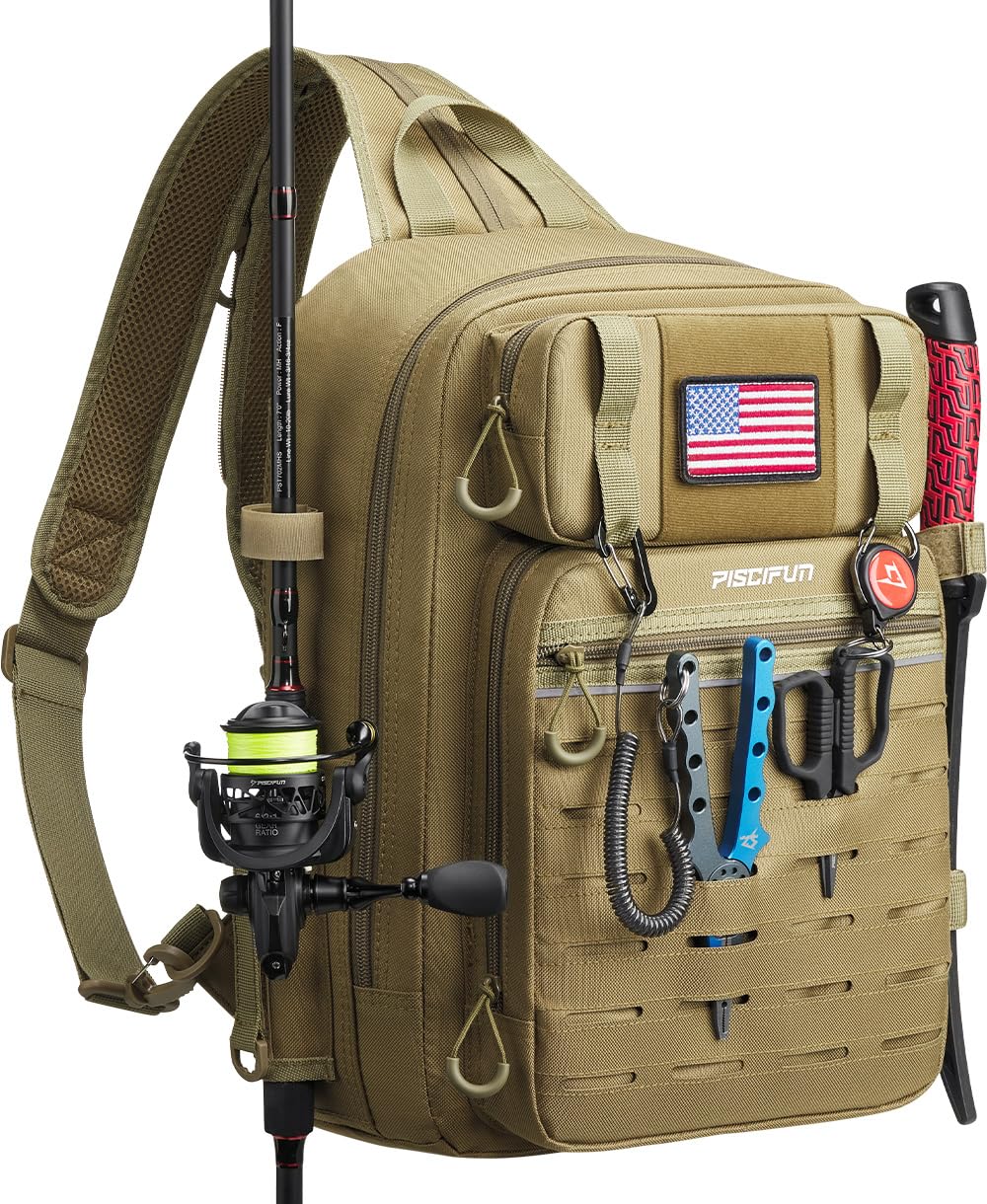 Piscifun Fishing Backpack Tackle Bag with 2 Rod Holders, Multi-Compartment Storage, MOLLE System, Water-Resistant Lightweight Outdoor Pack,Double Shoulder Khaki Large Image