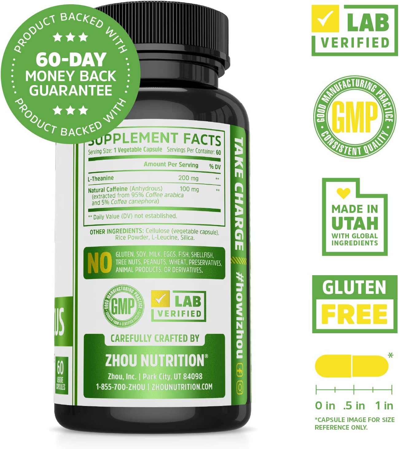 Caffeine with L-Theanine for Smooth Energy & Focus - Focused Energy for Your Mind & Body - No Crash ▫ No Jitters - #1 Nootropic Stack for Cognitive Performance - Veggie Capsules: Health & Personal Care