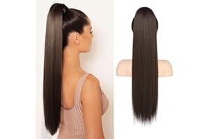 FLUFYMOOZ ponytail extension, 26 Inch Long Straight Drawstring Ponytail Synthetic Hairpieces Fake Pony Tails Natural Soft Clip in Hair Extension ponytail for Women (Dark Chocolate Brown)