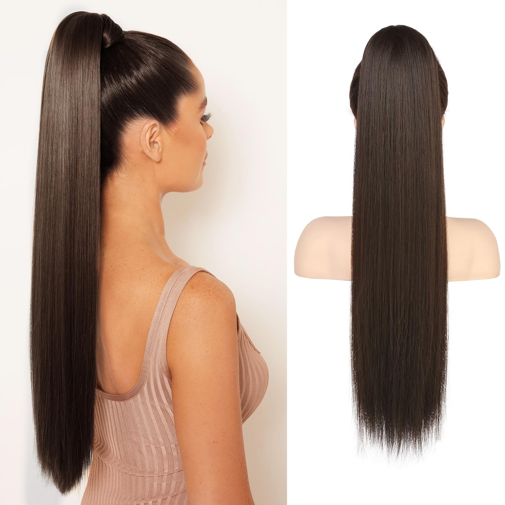 FLUFYMOOZ ponytail extension, 26 Inch Long Straight Drawstring Ponytail Synthetic Hairpieces Fake Pony Tails Natural Soft Clip in Hair Extension ponytail for Women (Dark Chocolate Brown)