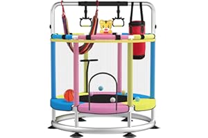 BLINWORLD Trampoline for Kids, Update T-handrail Adjustable Baby Toddler Trampoline with Basketball Hoop, 440lbs Anti-Rollover Round Bottom Indoor Outdoor Toddler Trampoline with Enclosure