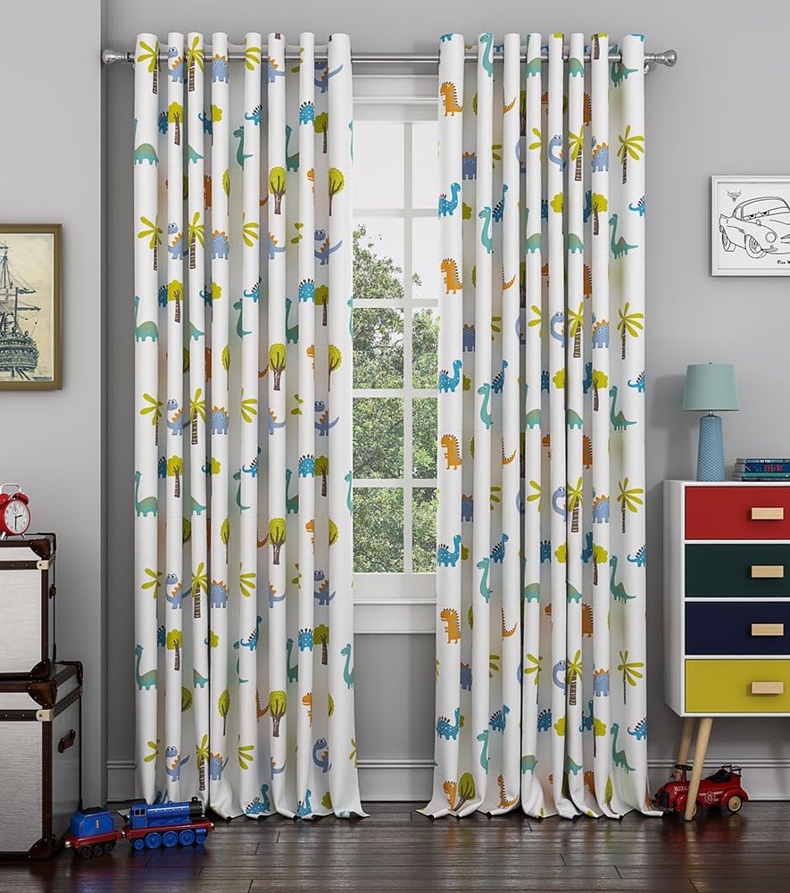 Curtain Label Cotton Dino Printed Kids Curtain with Eyelet (Multicolour, 4.5 X 9 ft) Set of 2