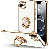 Hython for iPhone 16e Case with Ring Stand, 360° Rotatable Ring Holder Magnetic Kickstand, Plating Rose Gold Edge Soft Cover Protective Phone Case for iPhone 16e 6.1", White