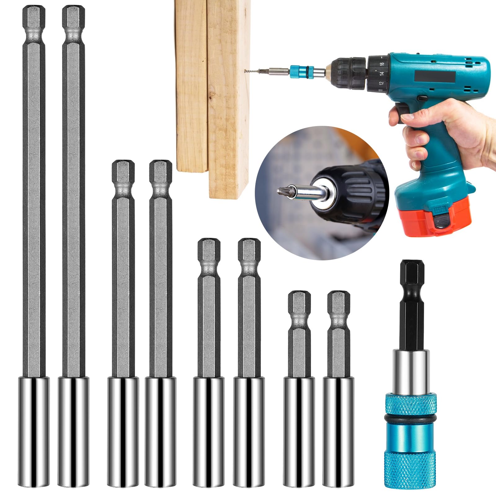 Prebarfun 9 PCS Magnetic Drill Bit Extension Holder, 1/4 Inch Screwdriver Extension, Hex Shank Long Holder for Impact Driver Screwdrivers Drills Bits(150/100/75/66/60mm)