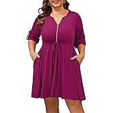 Manllenshie Womens Plus Size Dress Casual Roll up 3/4 Sleeves Zipper V Neck Tie Waist Flowy Loose Dresses with 2 Pockets