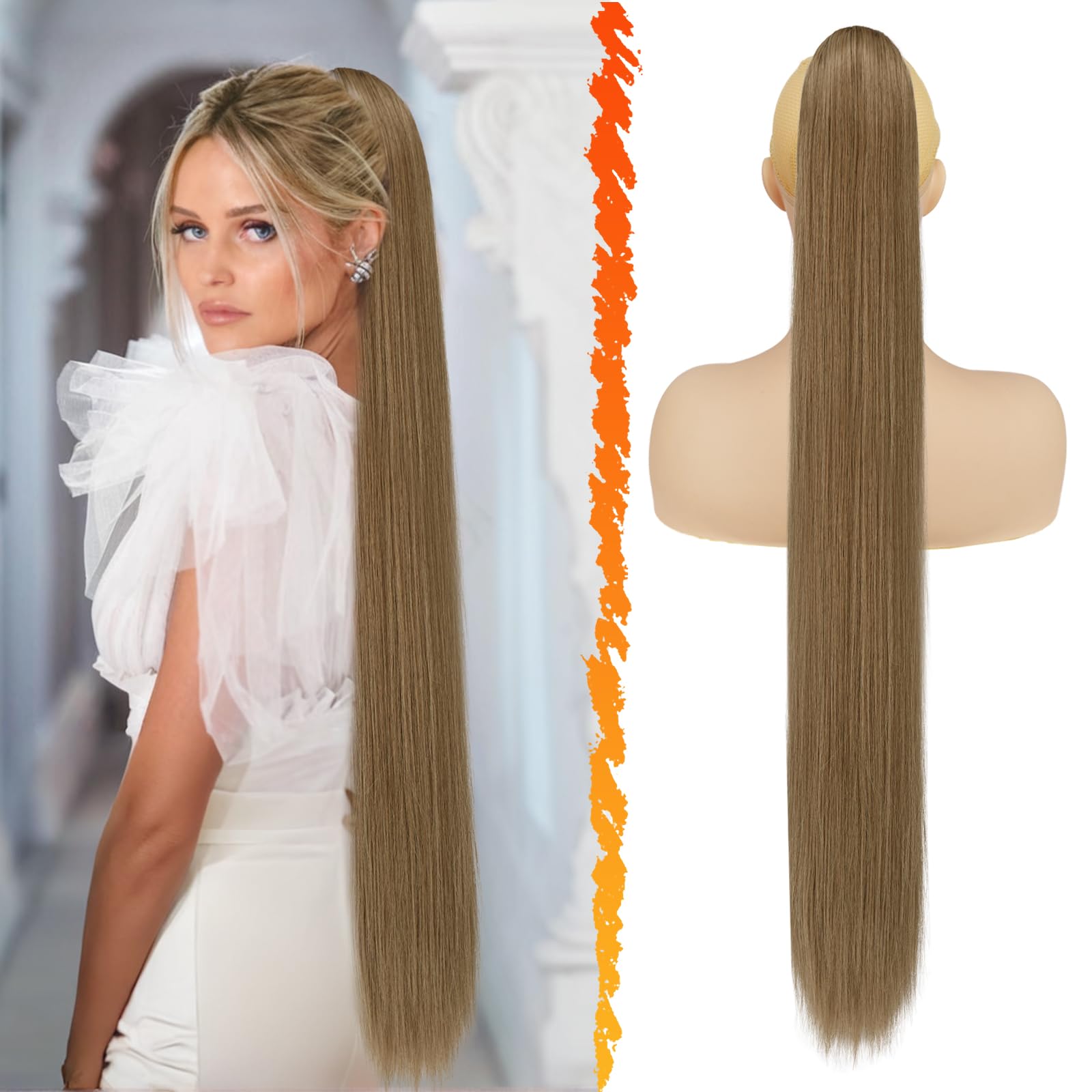 BARSDAR Long Straight Ponytail Extension, 34 Inch Drawstring Brown Ponytail Hair Extensions Synthetic Clip in Pony Tails Hairpieces Fake Straight Ponytail for Women Girls Daily- Light Brown Mixed