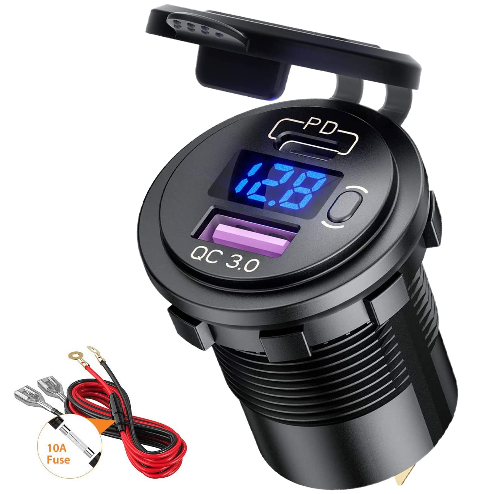 Car Charger Dual USB 30W PD & 22.5W QC3.0 Fast Car Charger Adaptor Power Outlet with LED Digital Vltmeter Waterproof USB Socket with Switch for Marine Boat Motorcycle Truck RV