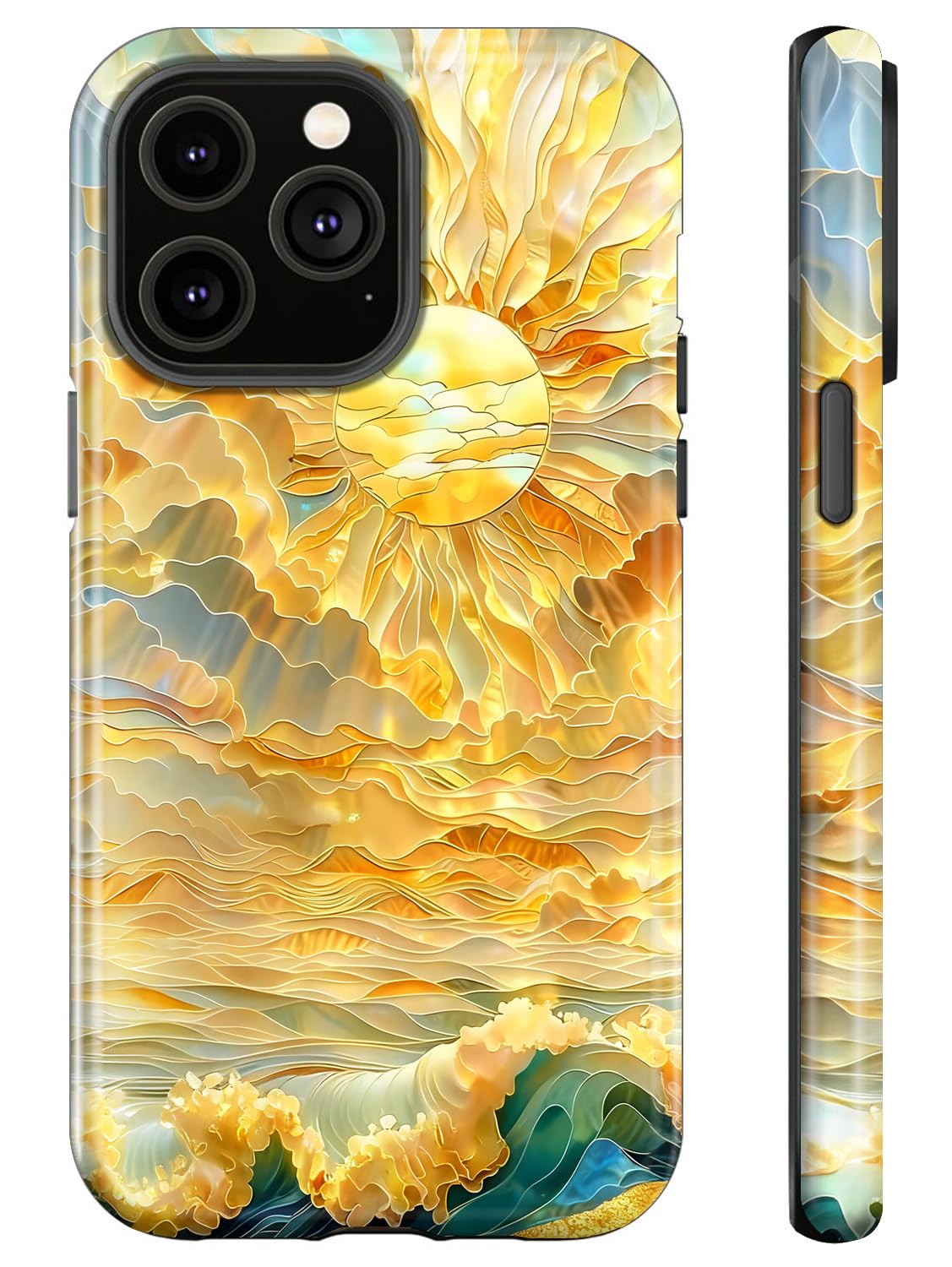 for iPhone 12 Pro Case & iPhone 12 Case,Ocean Waves Sun Rays Stained Glass,Dual Layer Soft TPU Hard PC Bumper Case Design,Protective Phone Cover Girls Will Love