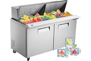 kalifon 60" W 2 Door Refrigerator Sandwich Salad Prep Table Commercial Stainless Steel Fan Cooling Refrigerator with Cutting Board, 2 Shelves & 24 Pans for Restaurant, Bar, Shop-16.4 Cu.ft