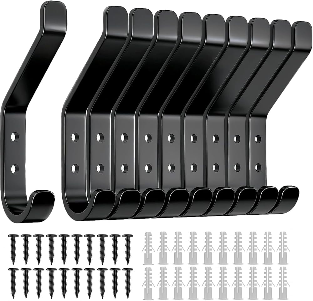 susswiff 10-Pack Black Wall Hooks 10KG Heavy Duty Aluminum with Screws