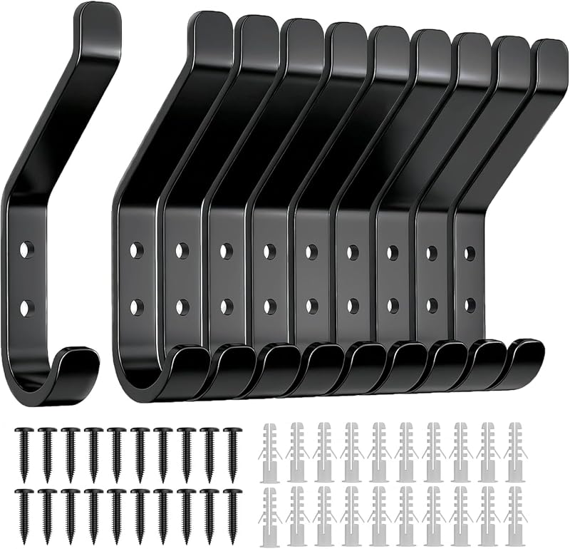 susswiff 10-Pack Black Wall Hooks 10KG Heavy Duty Aluminum with Screws