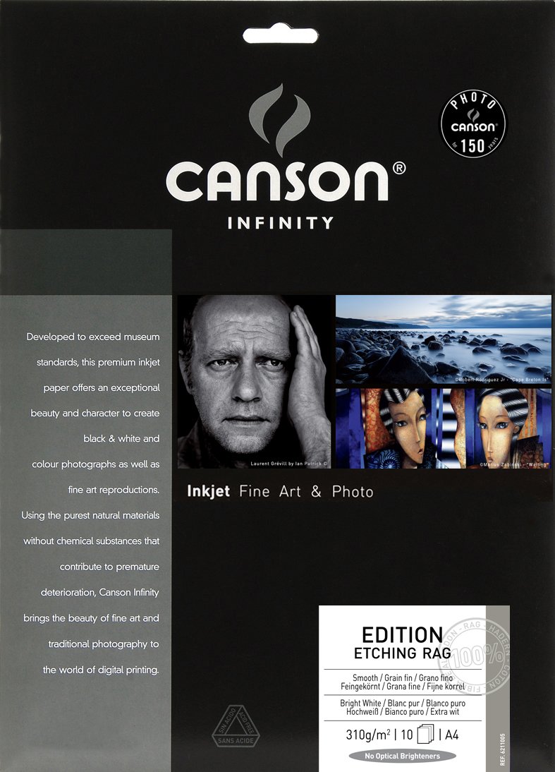 CANSON Infinity Edition Etching Rag Smooth 310gsm A4 Paper, Digital Fine Art Reproduction, 10 Pure White Sheets, Ideal for Professional Photographers