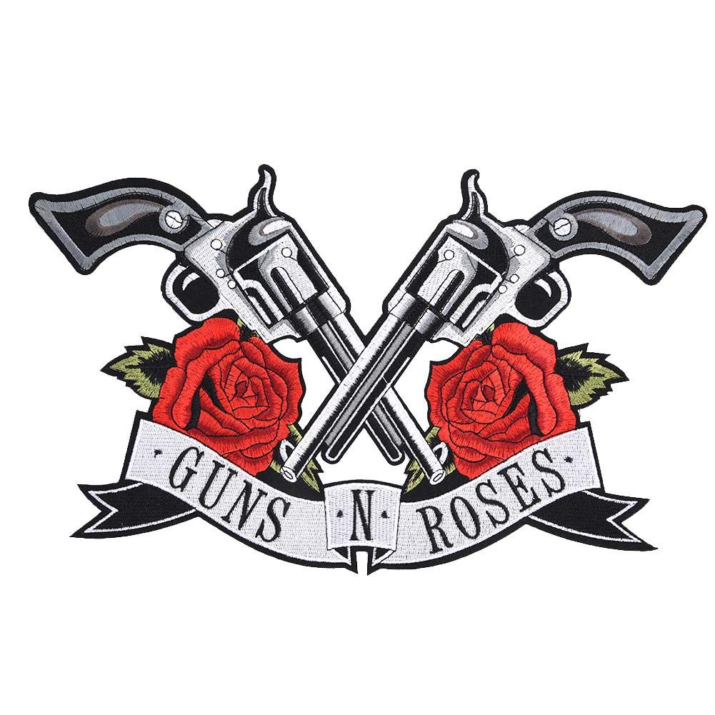 Double Guns Rose Embroidered Patch, 11.8x8.3in Applique Sew On Cloth Sticker for Jackets Jeans DIY Decoration Badges for Clothing Accessories, for Men Women BIK