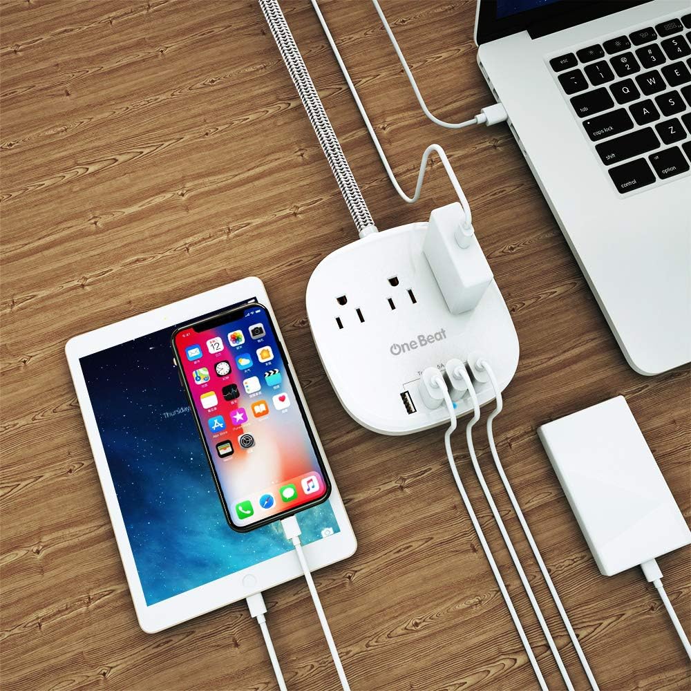 Desktop Power Strip with 3 Outlet 4 USB Ports 4.5A, Flat Plug and 5 ft Long Braided Extension Cords for Cruise Ship Travel Home Office, ETL Listed, White: Electronics