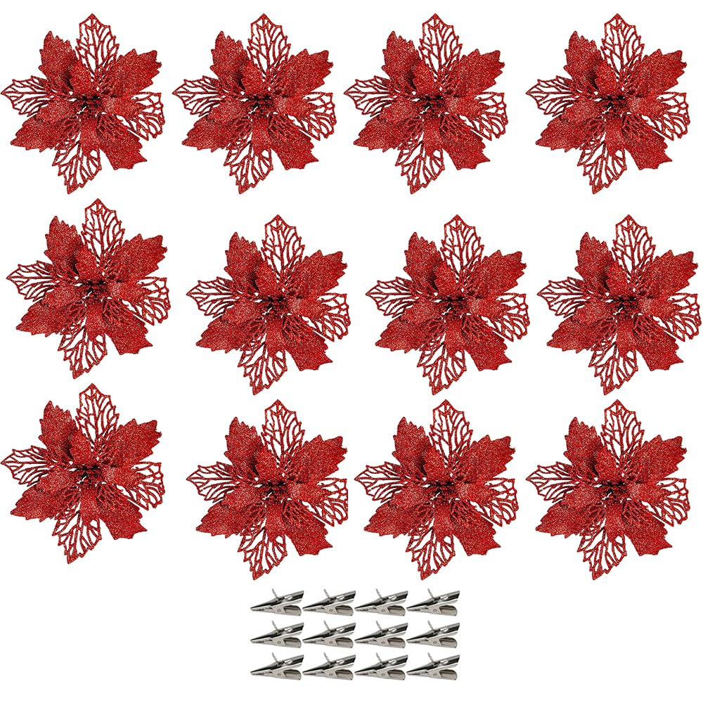 12 Pcs Christmas Glitter Poinsettia Flowers 16CM Ornament Christmas Tree Wreath Decoration Artificial Wreath Flowers for Xmas Tree Christmas Wreath Ornaments Decor, Red