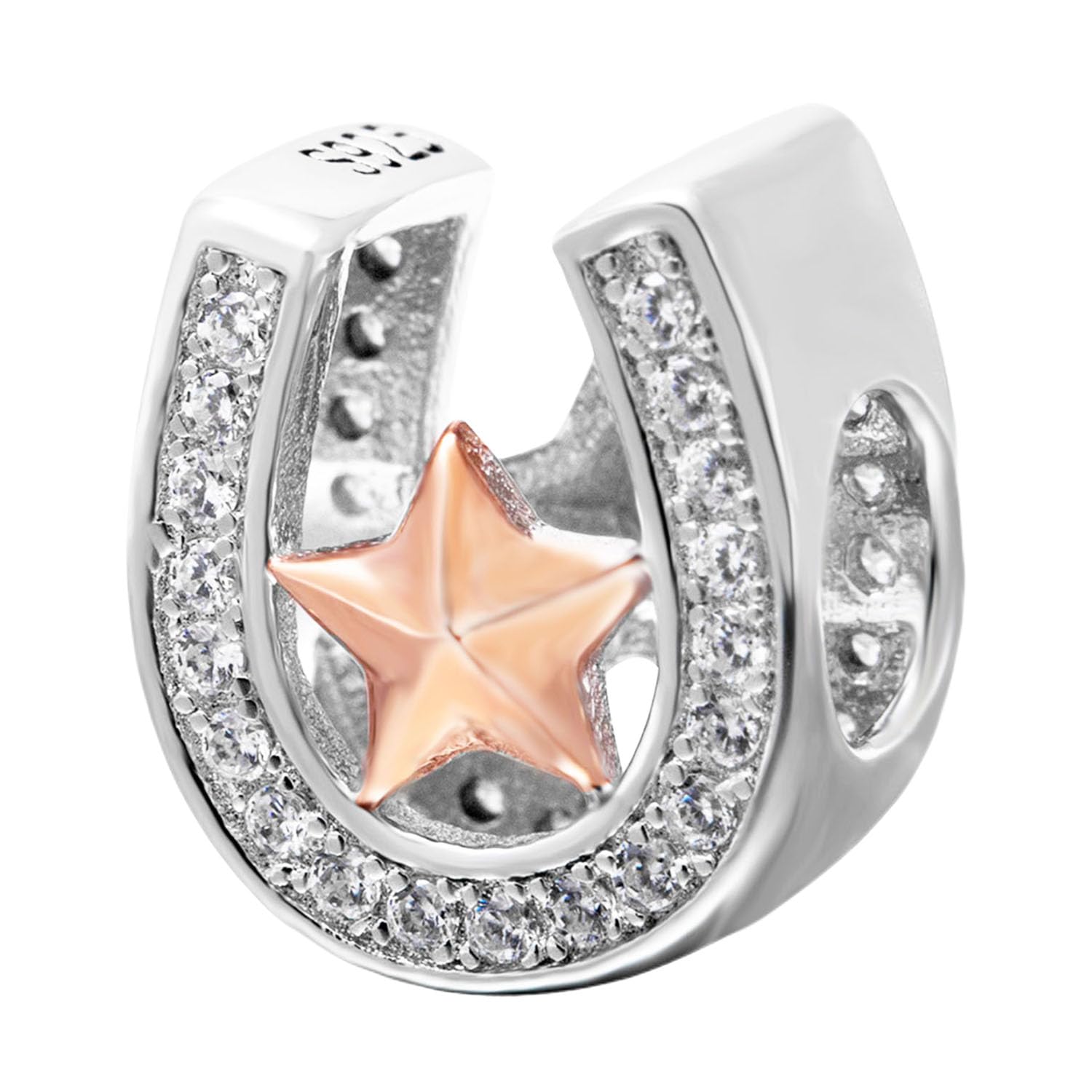 925 Sterling Silver Rose Gold Horseshoe Charm Lucky Charms Clear Stone Star Charm for Pandora Charm Bracelet