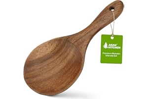 AIUHI Wooden Rice Paddle, Teak Wood Rice Spoon with Hanging Hole, Non-Stick Safe Wooden Serving Spoon for Rice, Grains & More