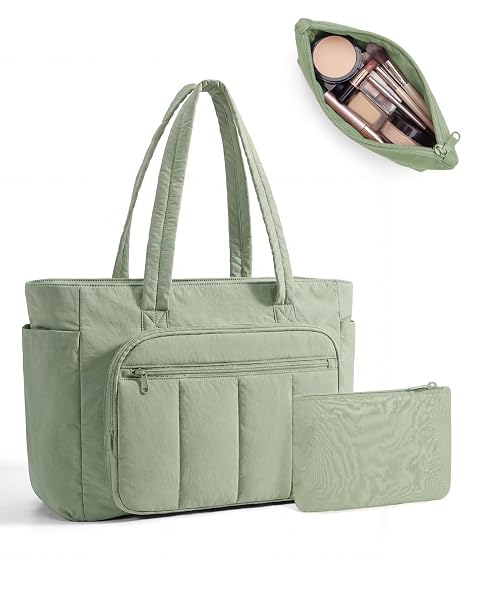 BAGSMART TOTE BAG FOR WOMEN, 2 SET PUFFER TOTE BAG WITH ZIPPER, QUILTED NURSE HANDBAGS FOR WORK TRAVEL COLLEGE, GREEN