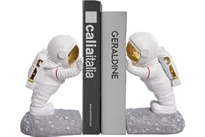 Kakizzy Decorative Space Theme Bookends - Astronaut Resin Bookends with Anti-Slip Base - Sturdy, Fun & Unique Book Holders for Heavy Books (Gold)